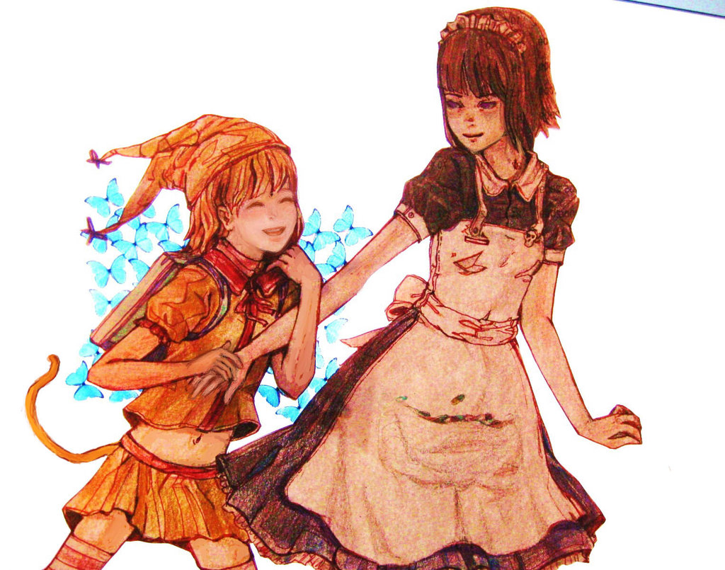 2girls, apron, backpack, bag, blonde_hair, butterfly, cat_sidhe_nekoko, cat_tail