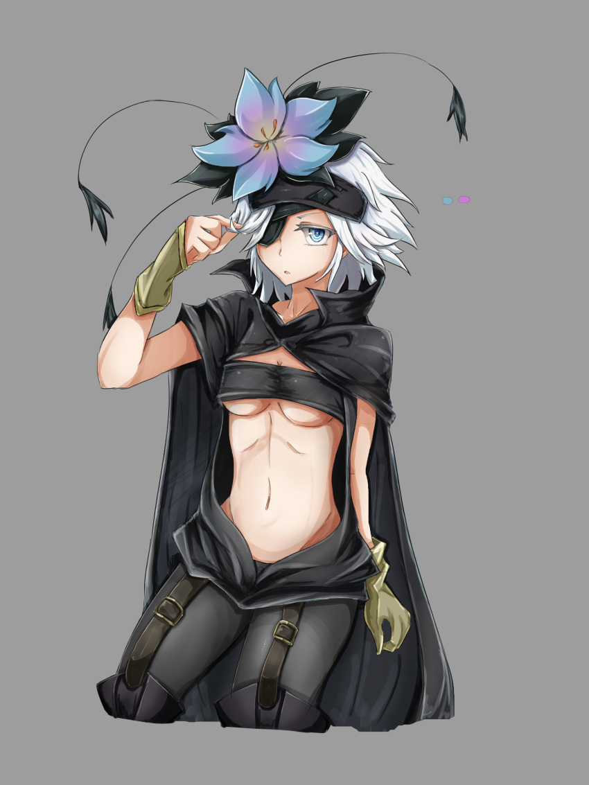 1girl, absurdres, blue_eyes, breasts, cape, eyepatch, flower, fremy_speeddraw