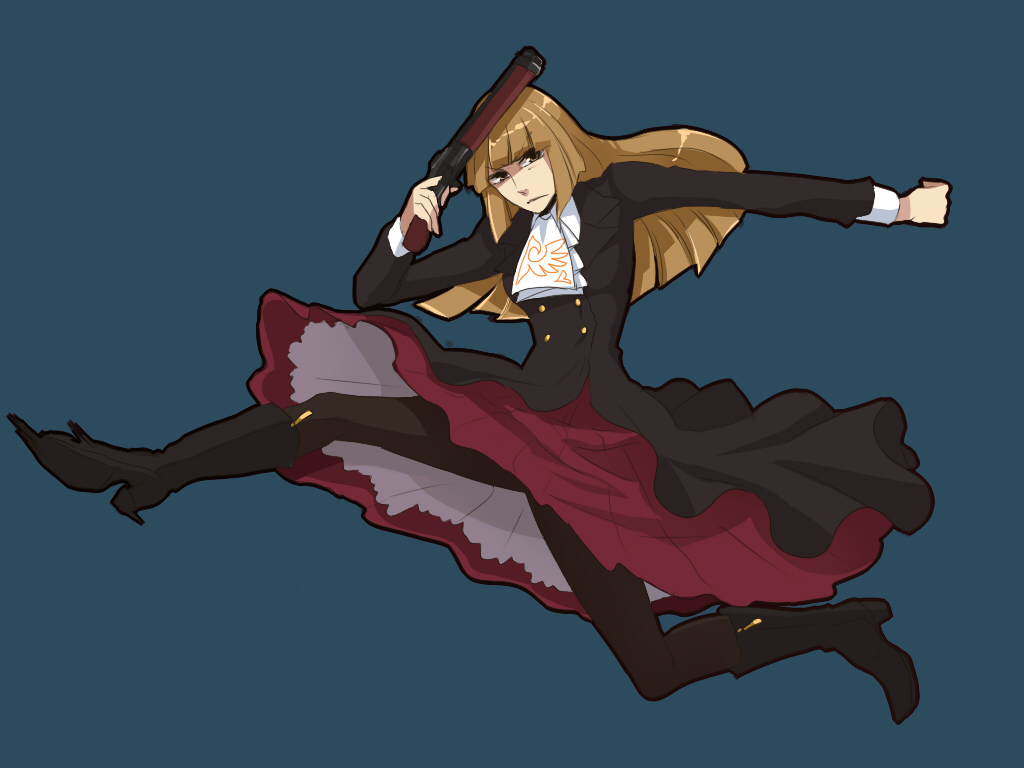 blonde_hair, boots, code_geass, dress, formal, gun, kick, long_hair