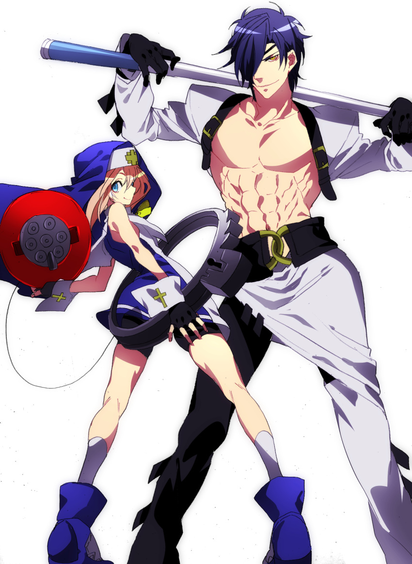 2boys, abs, bike_shorts, black_hair, blonde_hair, blue_eyes, bridget_(guilty_gear), bridget_(guilty_gear)_(cosplay), cosplay, cropped_jacket, cross, cue_stick, eyepatch, guilty_gear, habit, highres, hohehohe, male_focus, midare_toushirou, multiple_boys, otoko_no_ko, shokudaikiri_mitsutada, smile, touken_ranbu, venom_(guilty_gear), venom_(guilty_gear)_(cosplay), yellow_eyes, yo-yo
