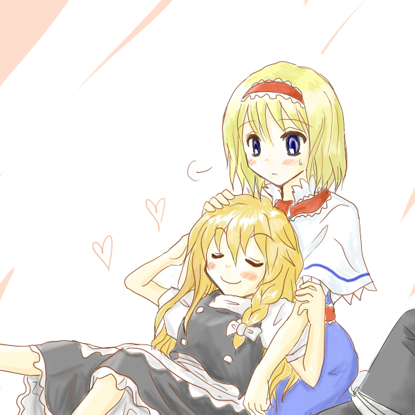 2girls, alice_margatroid, apron, ascot, blonde_hair, blue_eyes, blush, braid