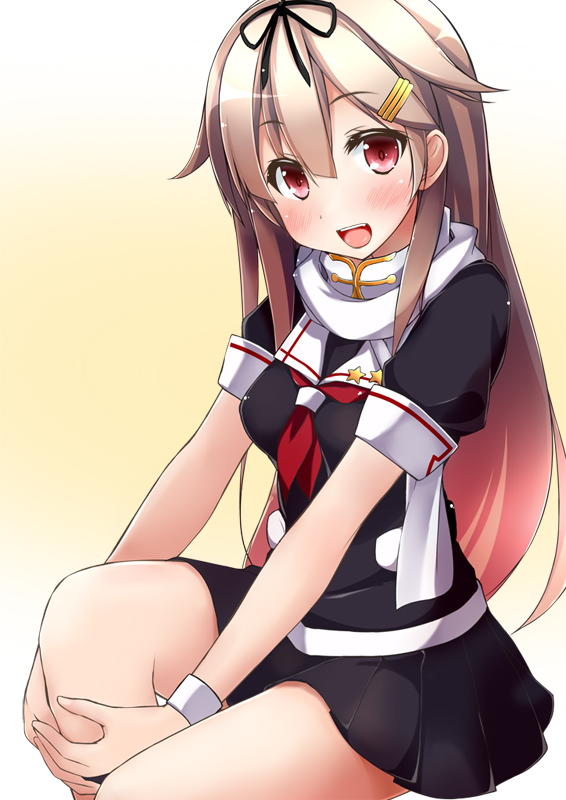 1girl, :d, black_gloves, black_serafuku, black_skirt, blonde_hair, blush, dd_mayohara