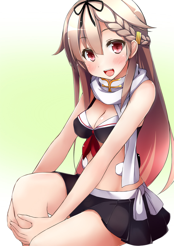 1girl, :d, bare_shoulders, bikini, black_bikini, black_skirt, blonde_hair, blush, braid, breasts, cleavage, dd_mayohara, hair_ornament, hair_ribbon, hairclip, hands_on_knee, kantai_collection, long_hair, looking_at_viewer, open_mouth, pleated_skirt, red_eyes, remodel_(kantai_collection), ribbon, scarf, skirt, smile, solo, swimsuit, white_scarf, yuudachi_(kantai_collection)