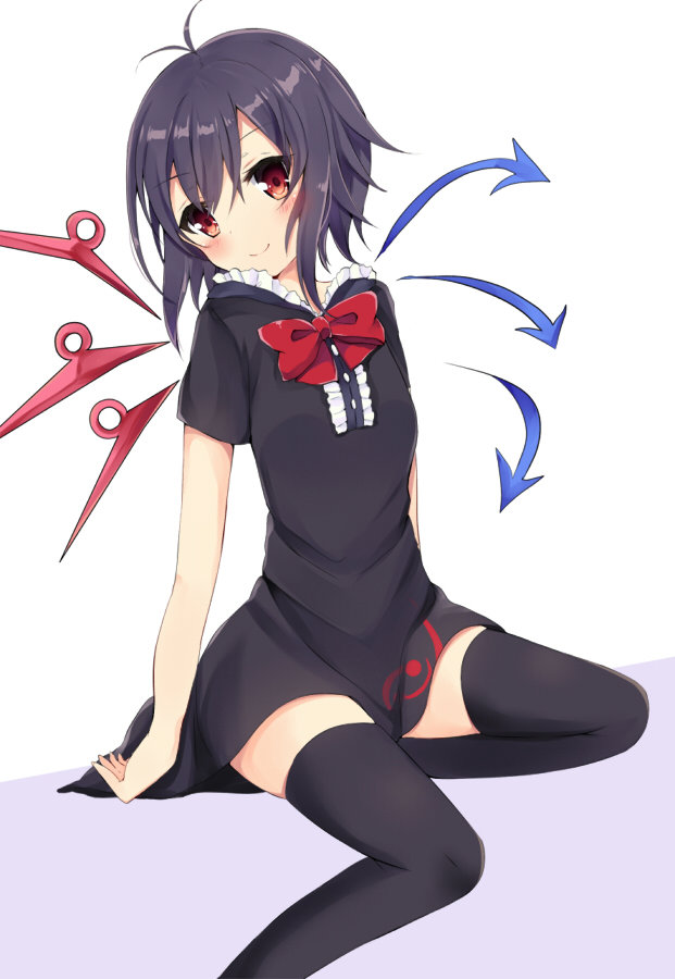 1girl, asymmetrical_wings, black_hair, bowtie, detached_wings, dress, houjuu_nue, kurumi_(69a4y)