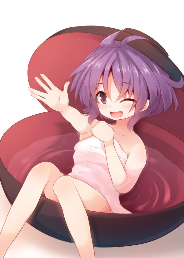 1girl, bathing, beni_shake, bowl, hat, in_bowl, in_container, looking_at_viewer