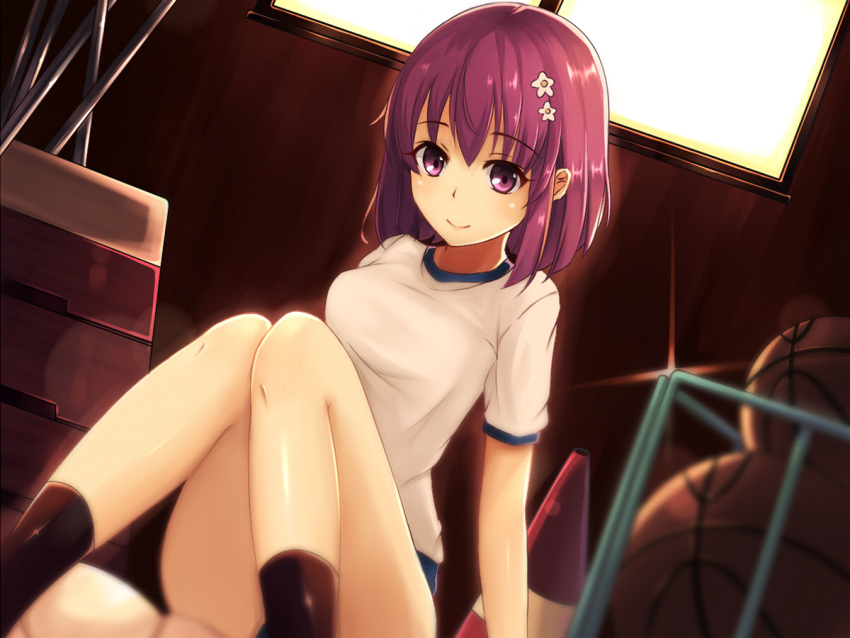 1girl, basketball, bent_knees, black_legwear, breasts, gym_storeroom, gym_uniform, hair_ornament