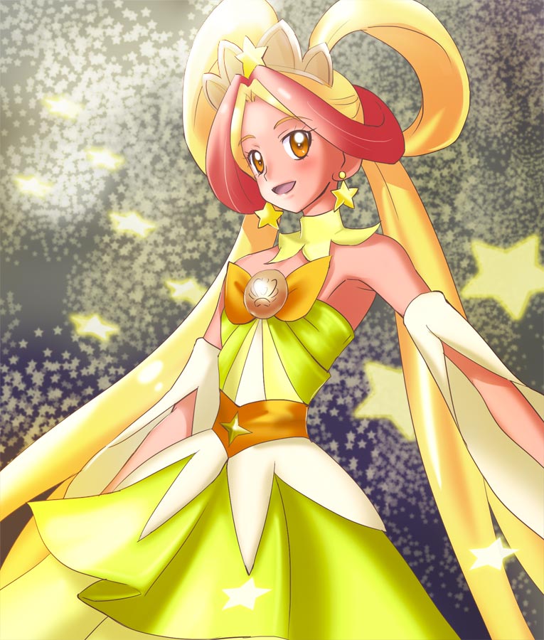 1girl, bare_shoulders, blonde_hair, choker, earrings, go!_princess_precure, hair_rings, haruyama_kazunori