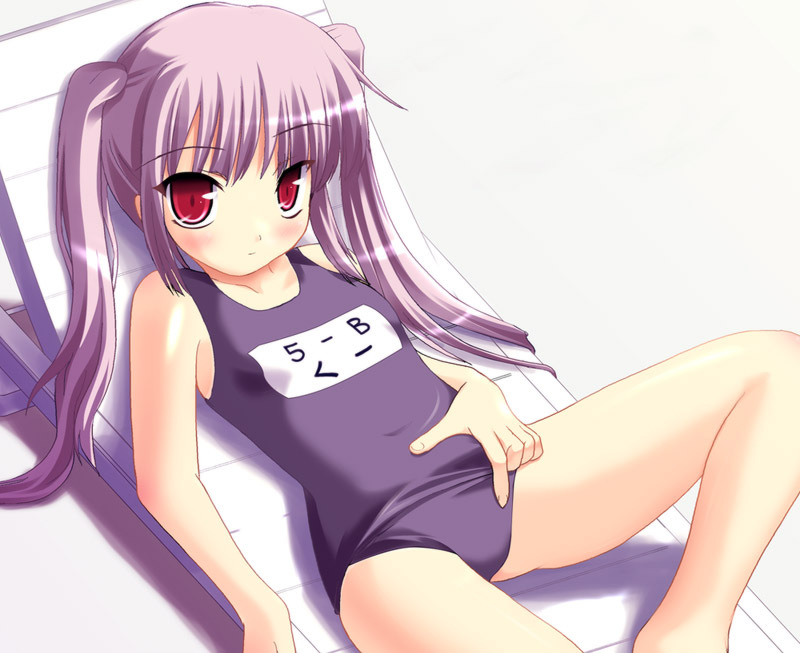 kooh, loli, lying, one-piece_swimsuit, pangya, purple_hair, red_eyes, safi