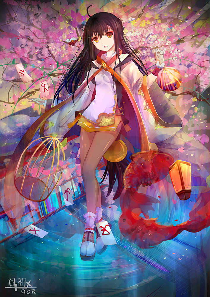 1girl, ahoge, ara_han, bai_qi-qsr, birdcage, black_hair, braid, cage, cherry_blossoms, elsword, fish, french_braid, goldfish, long_hair, looking_at_viewer, low-tied_long_hair, sakra_devanam_(elsword), sketch, solo, yellow_eyes