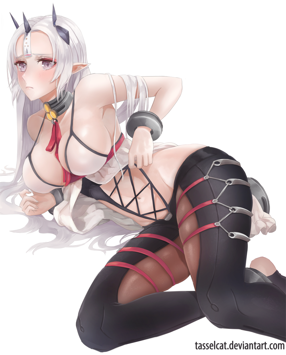 1girl, babydoll, breasts, choker, closers, highres, horns, levia_(closers)