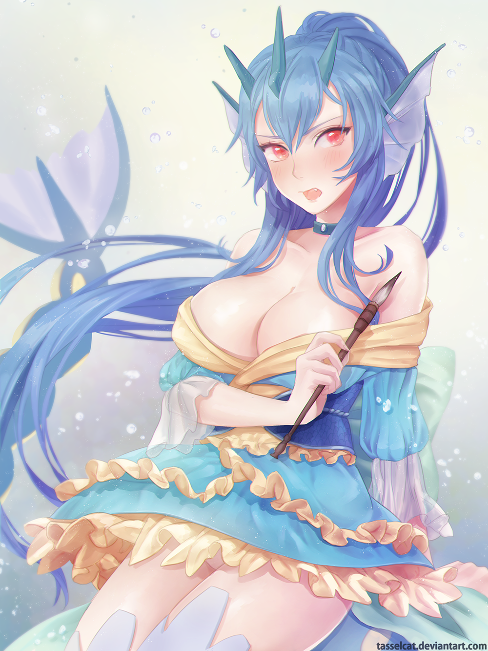 1girl, blue_hair, breasts, calligraphy_brush, cleavage, fang, gyarados, highres