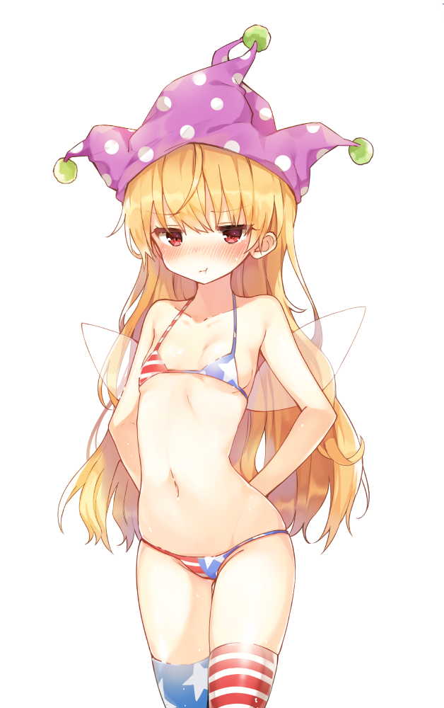 1girl, american_flag_bikini, american_flag_legwear, bikini, bikini_top, blonde_hair, blush, clownpiece