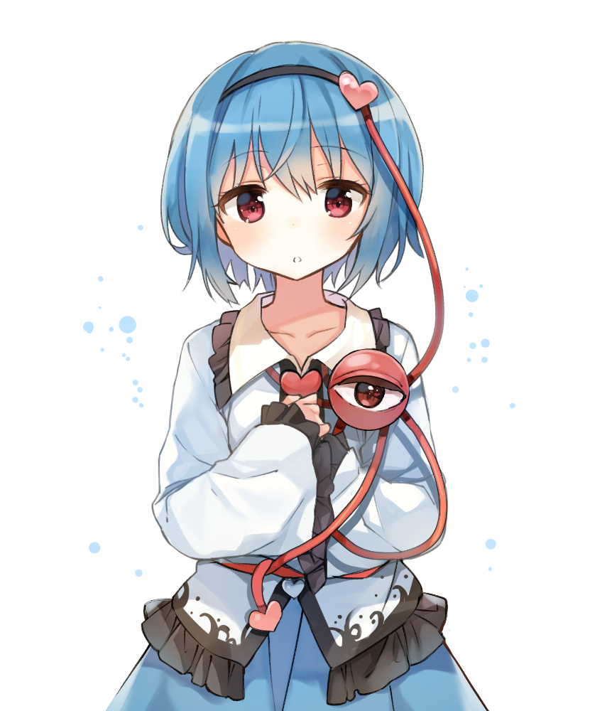 1girl, alternate_color, blue_hair, eyeball, hairband, heart, hinanawi_tenshi, hinanawi_tenshi_(cosplay)