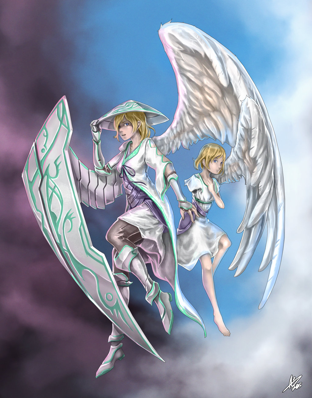2015, 2girls, amputee, angel, angel_wings, asymmetrical_wings, barefoot, blonde_hair
