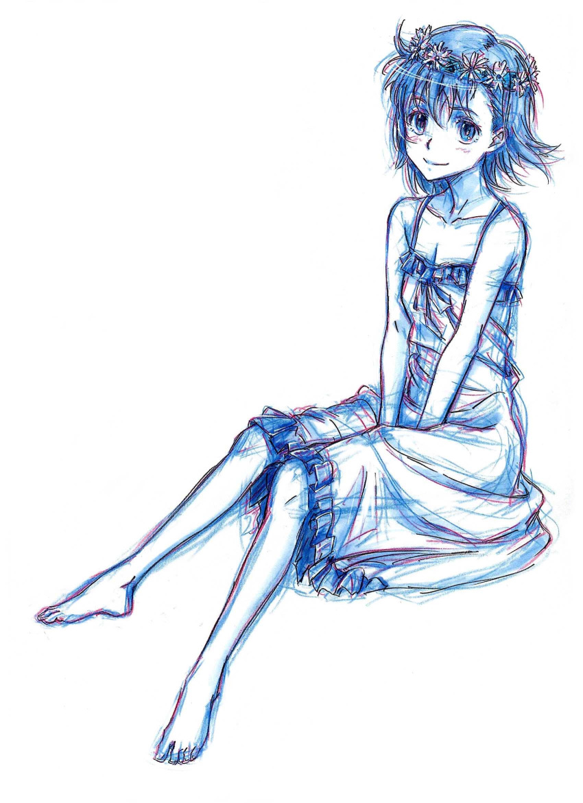 1girl, bare_legs, bare_shoulders, barefoot, between_legs, breasts, cleavage, colored_pencil_(medium)
