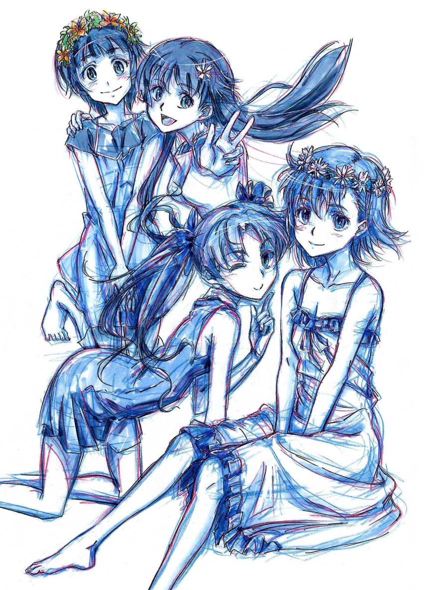 absurdres, bare_legs, bare_shoulders, barefoot, between_legs, breasts, cleavage, colored_pencil_(medium)