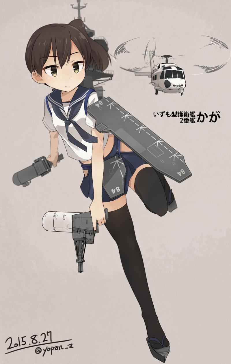 1girl, alternate_costume, black_legwear, blue_skirt, brown_eyes, brown_hair, dated, dual_wielding