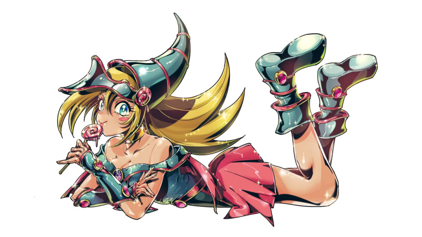 1girl, bare_shoulders, blonde_hair, blue_boots, blush_stickers, boots, candy, choker