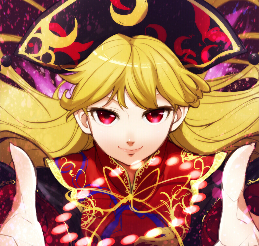 1girl, blonde_hair, dress, face, hat, highres, junko_(touhou), long_hair