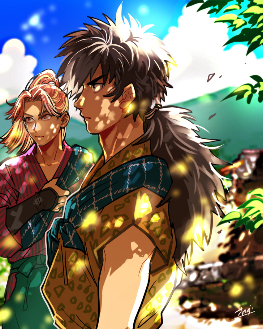 2boys, black_hair, character_request, dappled_sunlight, eyebrows, hakama, highres, japanese_clothes