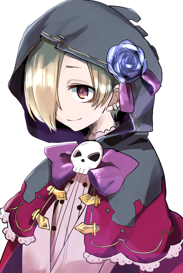 1girl, azu401, bags_under_eyes, blonde_hair, buttons, cloak, earrings, flower