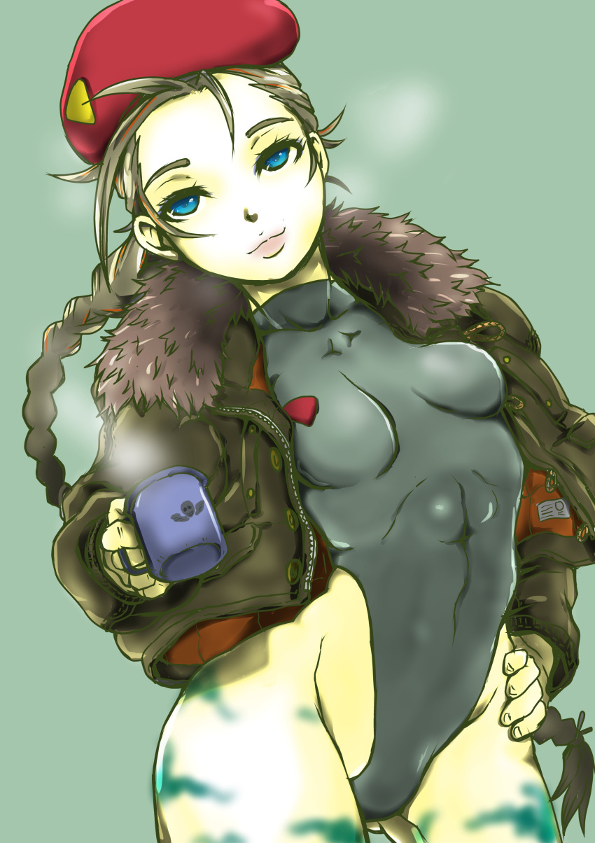 1girl, abs, absurdres, alternate_hair_color, beret, blue_eyes, bodypaint, bomber_jacket