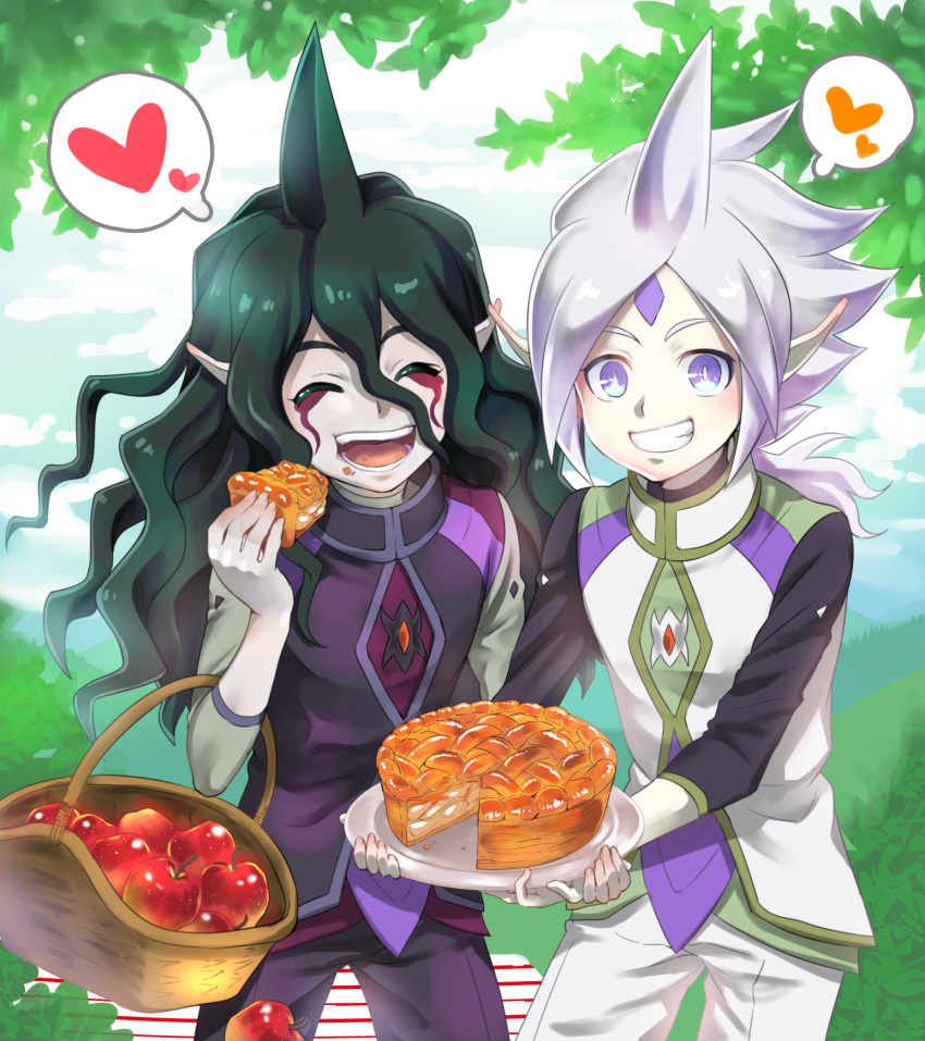 2boys, apple, apple_pie, basket, brothers, closed_eyes, cowboy_shot, eating