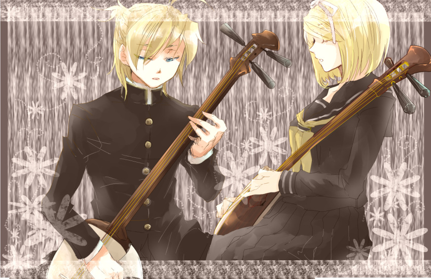 blonde_hair, blue_eyes, hair_ribbon, instrument, kagamine_len, kagamine_rin, plectrum, ribbon