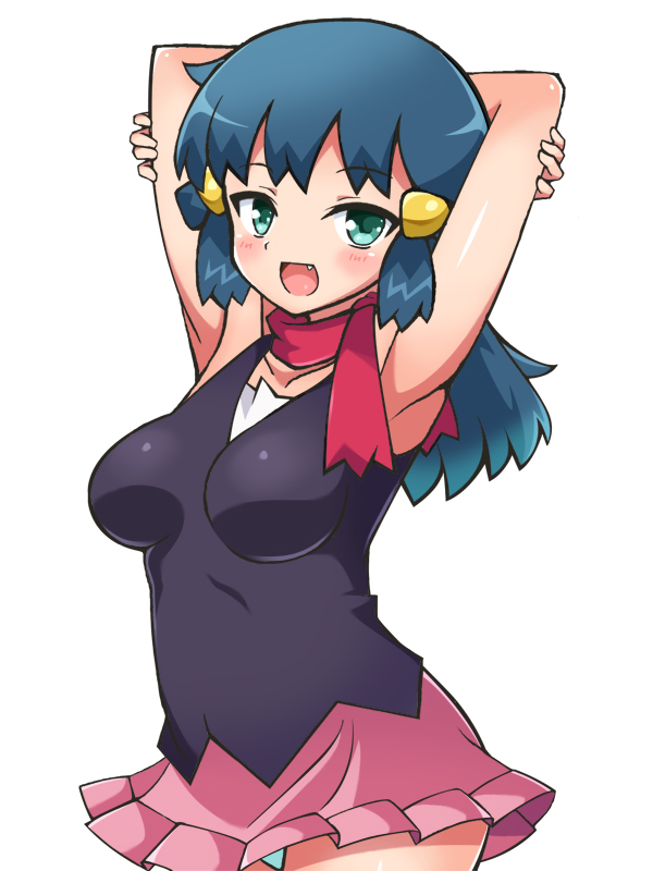 1girl, aqua_eyes, arms_up, blue_hair, blush, chro_(rulurullu), fang, hair_ornament