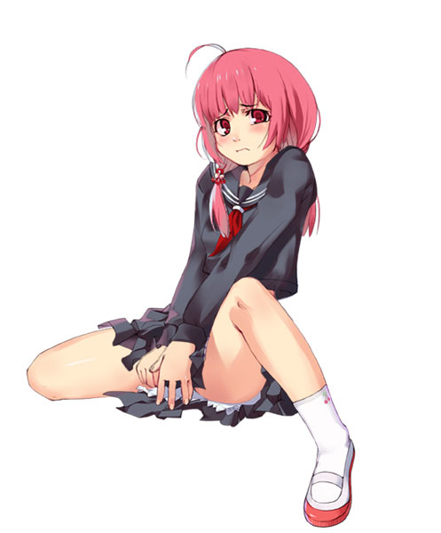 covering, covering_crotch, frown, g_yuusuke, gyuusuke, pink_hair, red_eyes, school_uniform