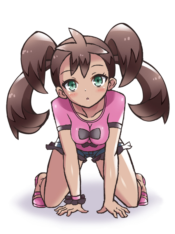 1girl, all_fours, bare_legs, blush, brown_hair, chro_(rulurullu), green_eyes, long_hair
