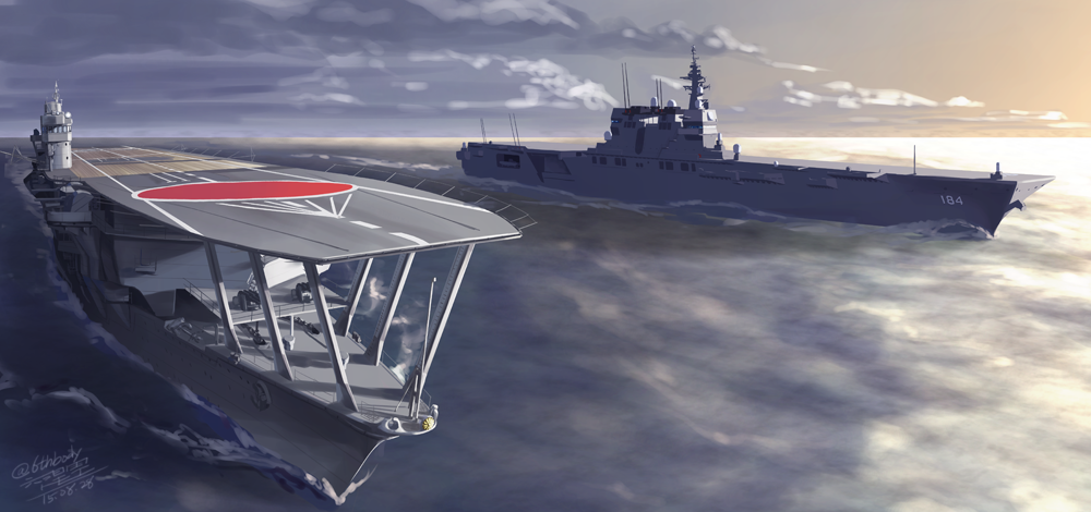 aircraft_carrier, kaga_(aircraft_carrier), kaga_(jmsdf), no_humans, ocean, rokuwata_tomoe, ship, tagme