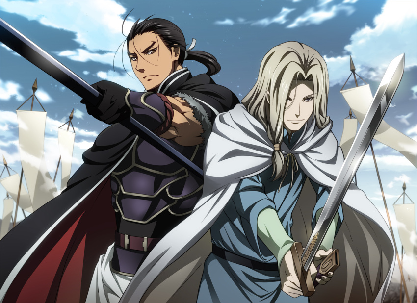 2boys, armor, arslan_senki, black_hair, brown_hair, cape, daryoon, long_hair