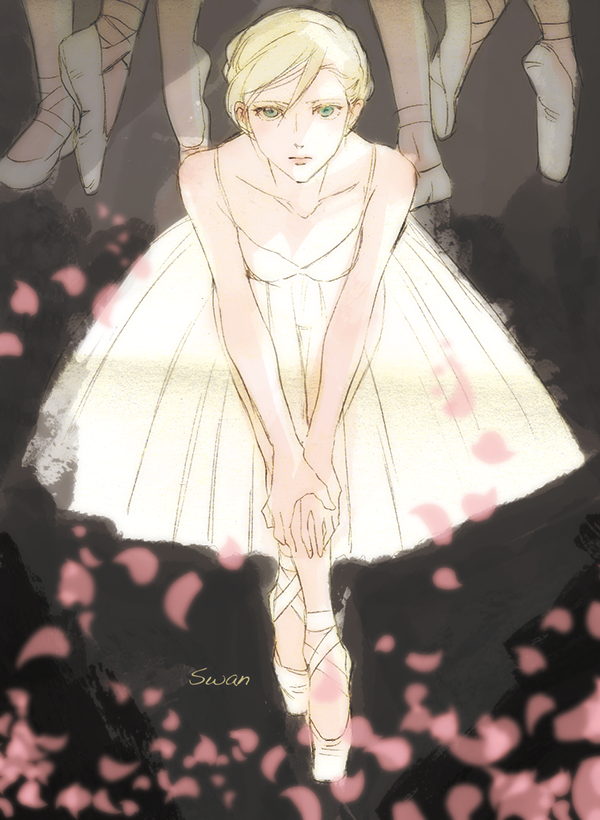 1girl, alternate_costume, alternate_hairstyle, amanattou, ballerina, ballet_slippers, bare_shoulders, blonde_hair