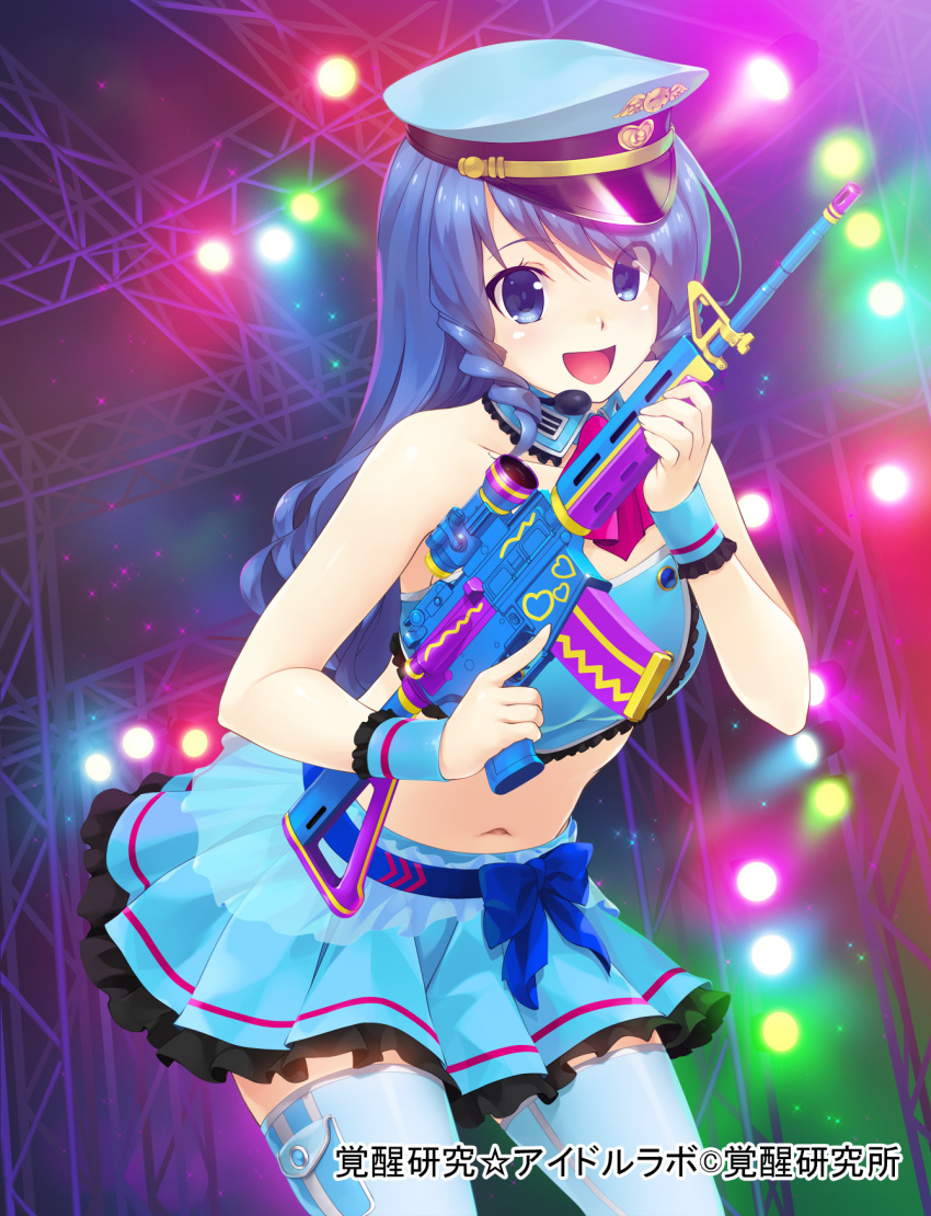 1girl, bare_shoulders, blue_eyes, blue_hair, detached_collar, gun, hat, highres