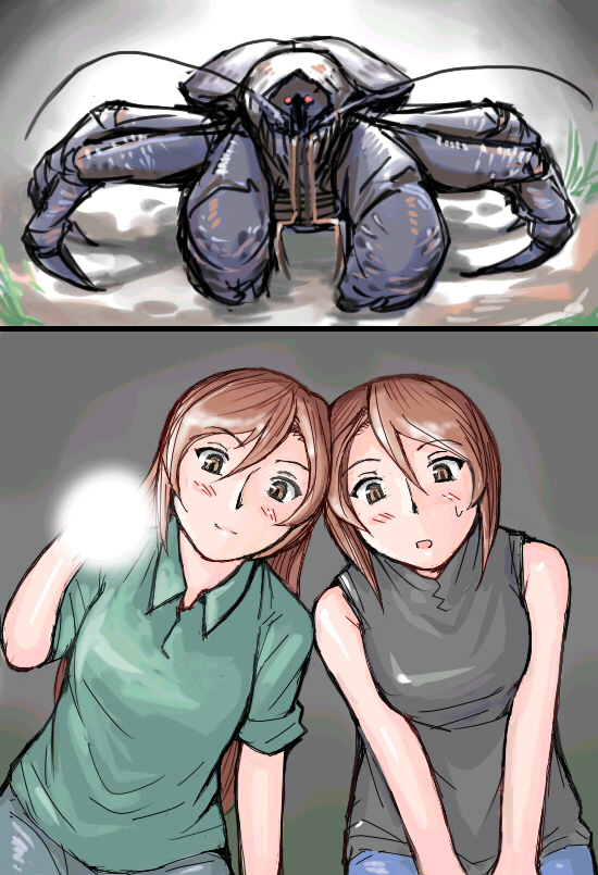 brown_eyes, brown_hair, casual, coconut_crab, crab, crustacean, flashlight, long_hair
