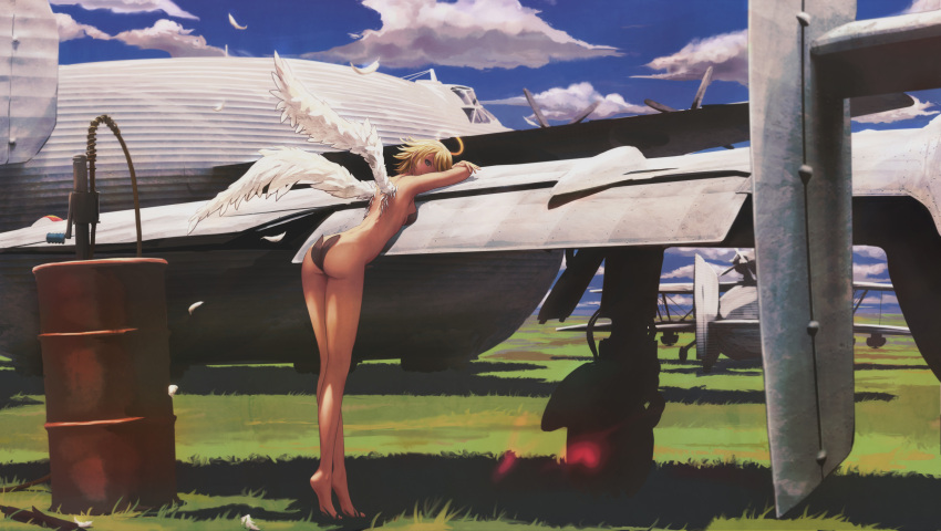 1girl, absurdres, airplane, angel, angel_wings, ass, back, bare_legs
