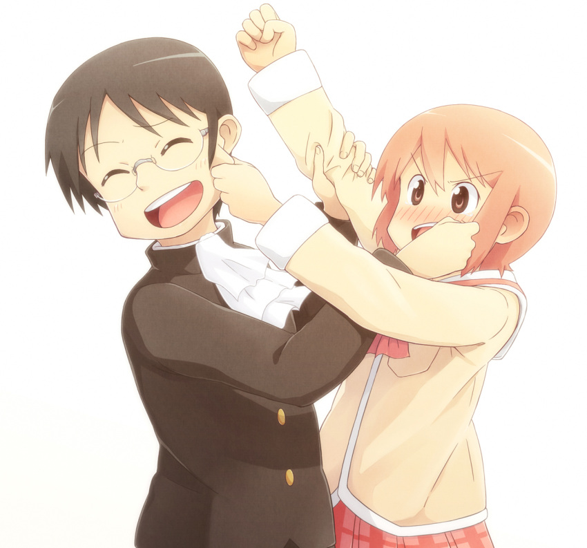 1boy, 1girl, black_hair, blush, brown_eyes, cheek_pinching, closed_eyes, glasses
