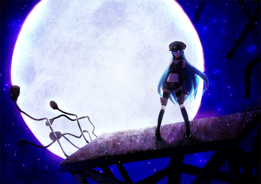 aqua_eyes, aqua_hair, bloodink, fingerless_gloves, full_moon, gloves, hat, hatsune_miku