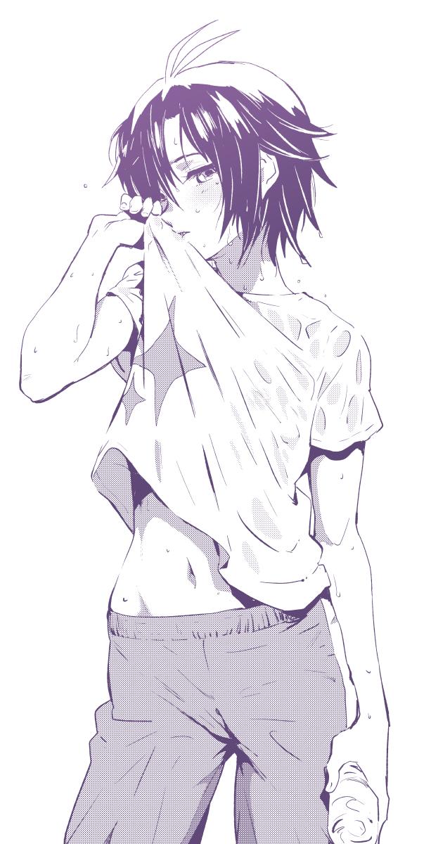 1girl, dripping, highres, idolmaster, kikuchi_makoto, monochrome, nekoi_mie, pants