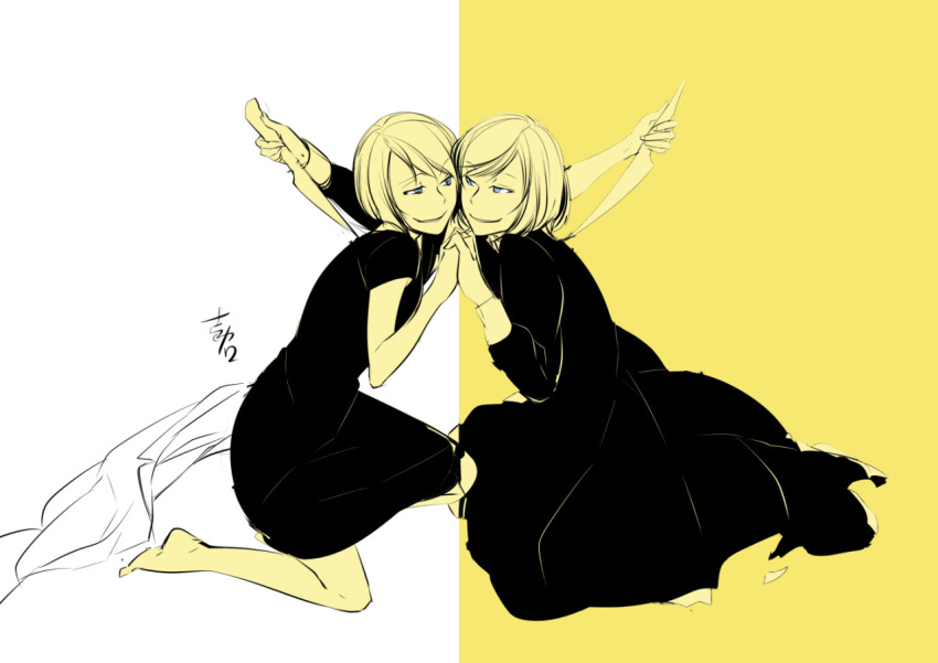 1boy, 1girl, barefoot, behemo, black_dress, blue_eyes, brother_and_sister, crossdressinging