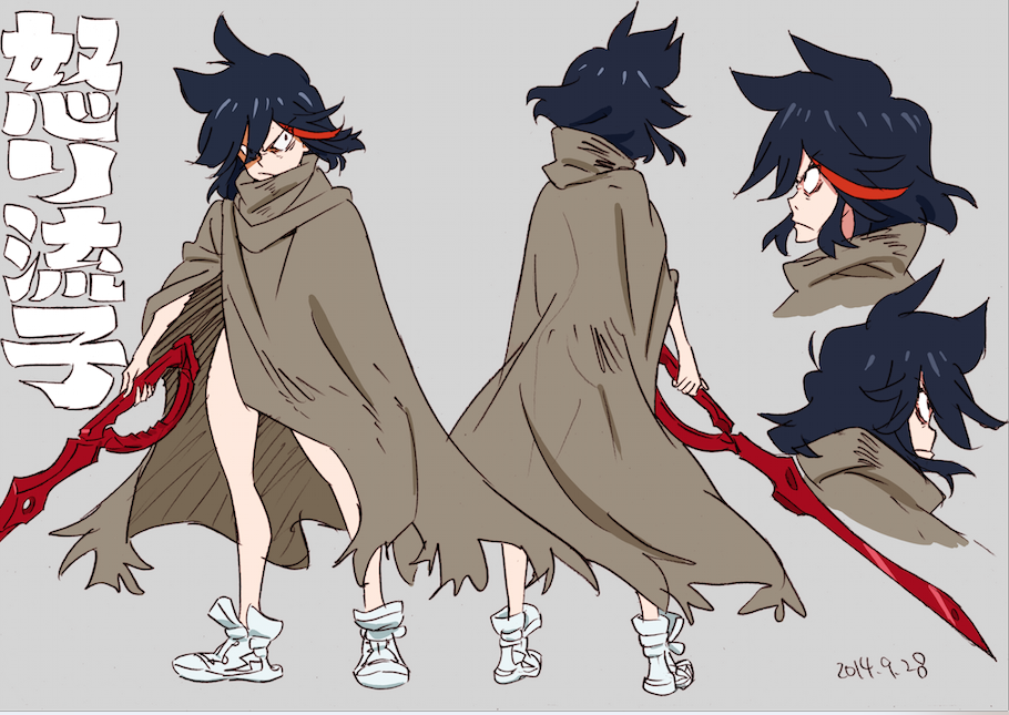 1girl, angry, black_hair, character_sheet, cloak, kill_la_kill, matoi_ryuuko, multicolored_hair