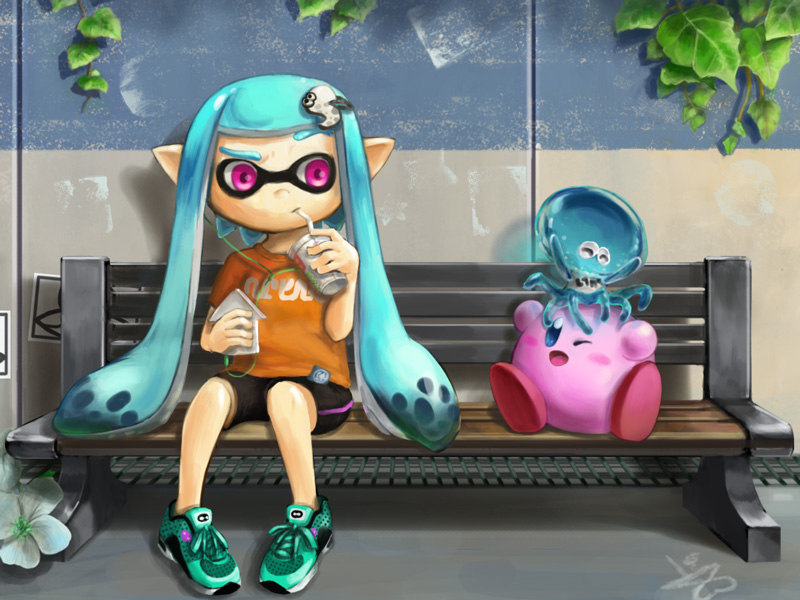 bench, bike_shorts, cup, domino_mask, drinking, earphones, graffiti, inkling