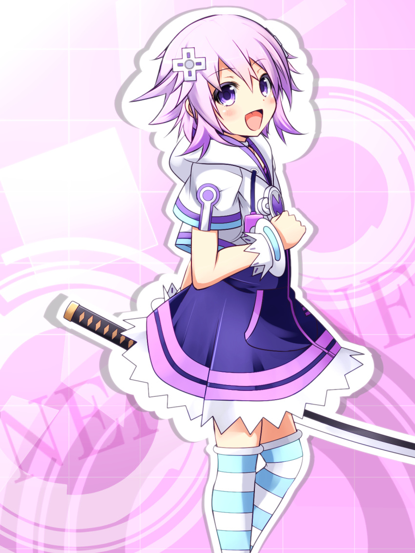 1girl, blush, character_name, choujigen_game_neptune, hair_ornament, highres, looking_at_viewer, neptune_(choujigen_game_neptune), neptune_(series), open_mouth, purple_hair, violet_eyes, warabi_mochi_(ehimedaisuki)
