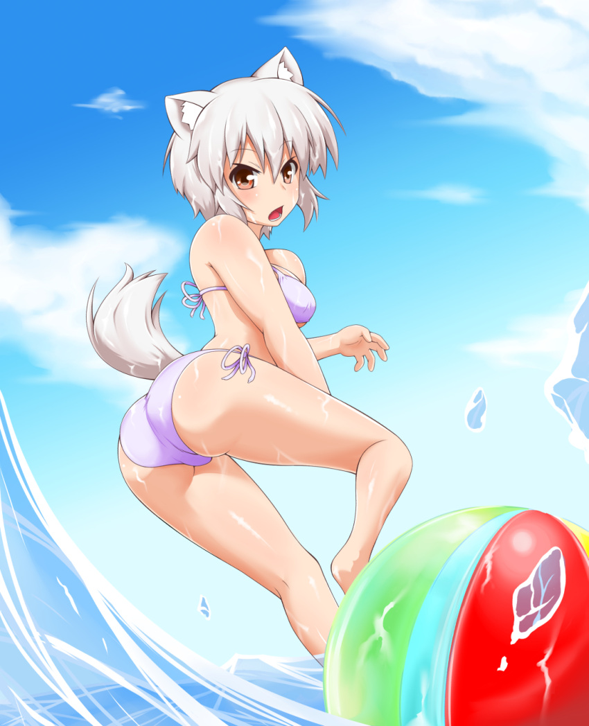1girl, animal_ears, ass, ball, beach, beachball, bikini, blush