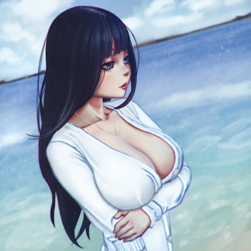 1girl, absurdres, arm_grab, beach, black_hair, blue_eyes, blue_sky, breasts, chromatic_aberration, cleavage, clouds, coast, collarbone, eyelashes, highres, jewelry, large_breasts, lips, long_hair, looking_away, necklace, nose, ocean, original, outdoors, short_sleeves, sky, solo, upper_body, xxnikichenxx