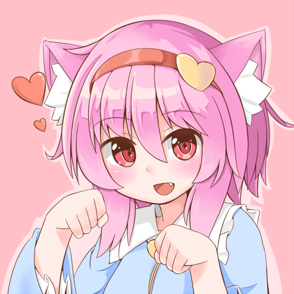 1girl, animal_ears, cat_ears, fang, hairband, heart, kemonomimi_mode, komeiji_satori, long_sleeves, looking_at_viewer, maaji_(peinsaikouda), open_mouth, outline, paw_pose, pink_background, pink_hair, red_eyes, short_hair, sidelocks, solo, touhou, upper_body