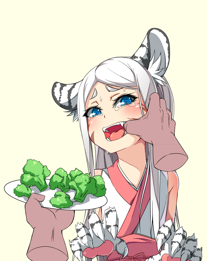 1girl, animal_ears, blue_eyes, broccoli, cat_ears, cheek_pull, claws, dream_demon