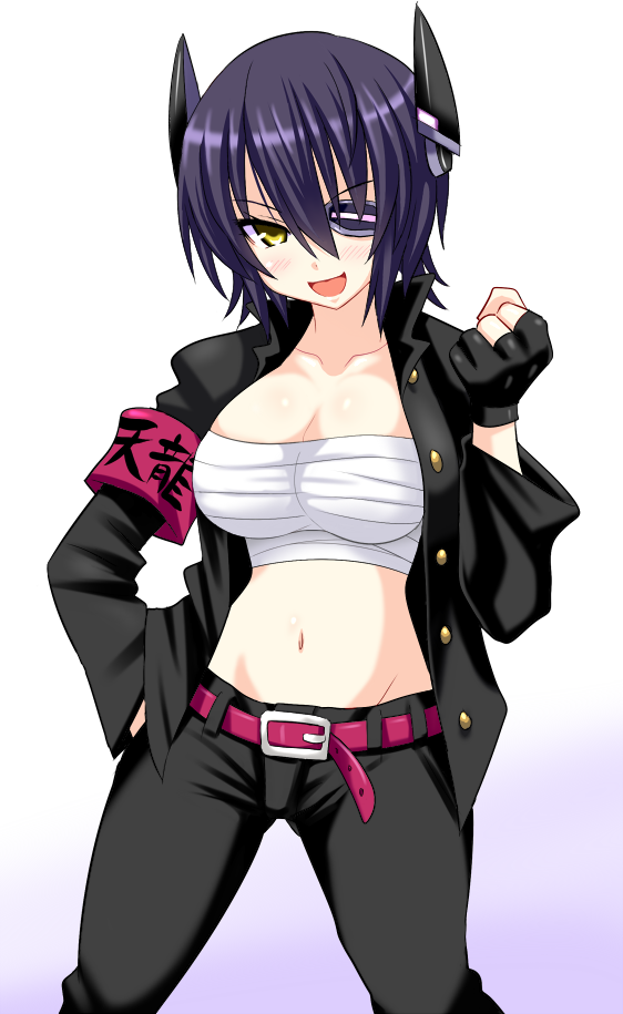 1girl, :d, alternate_costume, armband, banchou, belt, black_gloves, blush
