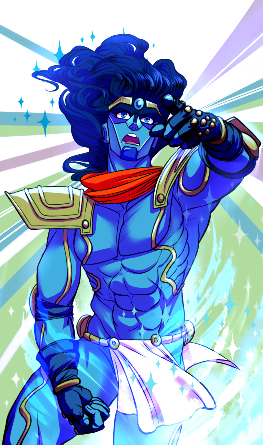 fingerless_gloves, gloves, headband, highres, jojo_no_kimyou_na_bouken, loincloth, no_humans, pointing